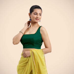Zeba x Tyohaar | Bottle Green Sleeveless FlexiFit™ Saree Blouse with Square Neck with Gota Lace and Deep Back - Binks  