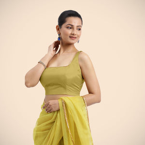 Zeba x Tyohaar | Lemon Yellow Sleeveless FlexiFit™ Saree Blouse with Square Neck with Gota Lace and Deep Back - Binks  