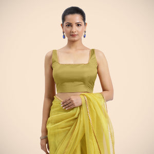 Zeba x Tyohaar | Lemon Yellow Sleeveless FlexiFit™ Saree Blouse with Square Neck with Gota Lace and Deep Back - Binks  