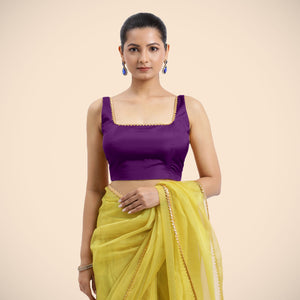  Zeba x Tyohaar | Purple Sleeveless FlexiFit™ Saree Blouse with Square Neck with Gota Lace and Deep Back_5