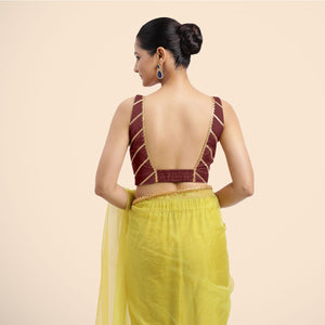  Zeba x Tyohaar | Burgundy Sleeveless FlexiFit™ Saree Blouse with Square Neck with Gota Lace and Deep Back_2