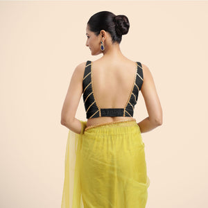 Zeba x Tyohaar | Charcoal Black Sleeveless FlexiFit™ Saree Blouse with Square Neck with Gota Lace and Deep Back - Binks  