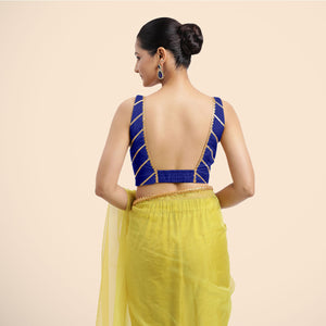  Zeba x Tyohaar | Cobalt Blue Sleeveless FlexiFit™ Saree Blouse with Square Neck with Gota Lace and Deep Back_6