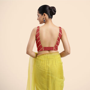  Zeba x Tyohaar | Crimson Red Sleeveless FlexiFit™ Saree Blouse with Square Neck with Gota Lace and Deep Back_2