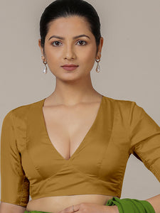 Zeenat x Rozaana | Bronze Gold Elbow Sleeves FlexiFit™ Saree Blouse with Plunging Neckline