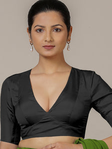 Zeenat x Rozaana | Charcoal Black Elbow Sleeves FlexiFit™ Saree Blouse with Plunging Neckline