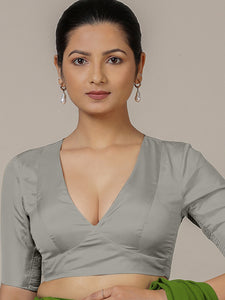 Zeenat x Rozaana | Grey Elbow Sleeves FlexiFit™ Saree Blouse with Plunging Neckline