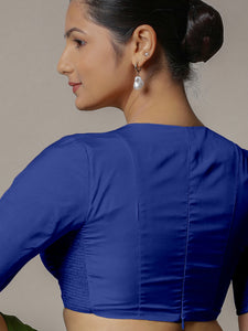 Zeenat x Rozaana | Cobalt Blue Elbow Sleeves FlexiFit™ Saree Blouse with Plunging Neckline