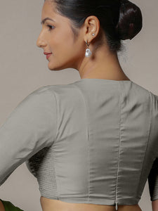 Zeenat x Rozaana | Grey Elbow Sleeves FlexiFit™ Saree Blouse with Plunging Neckline