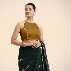  Zubeida x Tyohaar | Bronze Gold Halterneck FlexiFit™ Saree Blouse with Elegant Gota Embellishment on Princess Line_6