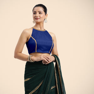 Zubeida x Tyohaar | Cobalt Blue Halterneck FlexiFit™ Saree Blouse with Elegant Gota Embellishment on Princess Line - Binks  