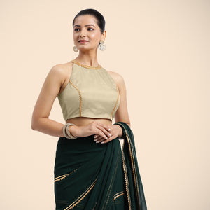  Zubeida x Tyohaar | Cream Halterneck FlexiFit™ Saree Blouse with Elegant Gota Embellishment on Princess Line_1