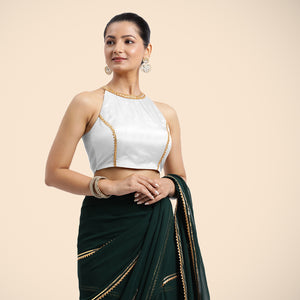  Zubeida x Tyohaar | Pearl White Halterneck FlexiFit™ Saree Blouse with Elegant Gota Embellishment on Princess Line_3
