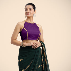  Zubeida x Tyohaar | Purple Halterneck FlexiFit™ Saree Blouse with Elegant Gota Embellishment on Princess Line_7