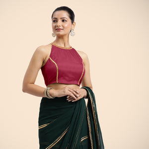  Zubeida x Tyohaar | Rani Pink Halterneck FlexiFit™ Saree Blouse with Elegant Gota Embellishment on Princess Line_5