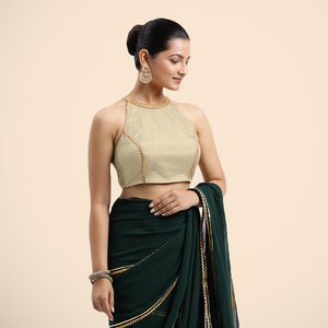 Zubeida x Tyohaar | Cream Halterneck FlexiFit™ Saree Blouse with Elegant Gota Embellishment on Princess Line_4