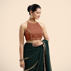  Zubeida x Tyohaar | Metallic Copper Halterneck FlexiFit™ Saree Blouse with Elegant Gota Embellishment on Princess Line_4