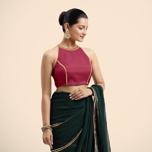  Zubeida x Tyohaar | Rani Pink Halterneck FlexiFit™ Saree Blouse with Elegant Gota Embellishment on Princess Line_1