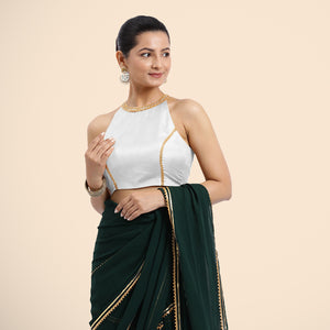 Zubeida x Tyohaar | Pearl White Halterneck FlexiFit™ Saree Blouse with Elegant Gota Embellishment on Princess Line - Binks  