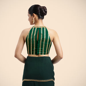  Zubeida x Tyohaar | Bottle Green Halterneck FlexiFit™ Saree Blouse with Elegant Gota Embellishment on Princess Line_3