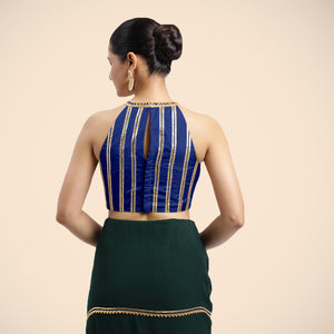 Zubeida x Tyohaar | Cobalt Blue Halterneck FlexiFit™ Saree Blouse with Elegant Gota Embellishment on Princess Line_2