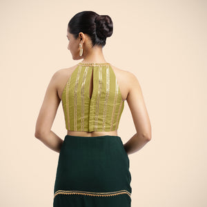  Zubeida x Tyohaar | Lemon Yellow Halterneck FlexiFit™ Saree Blouse with Elegant Gota Embellishment on Princess Line_3