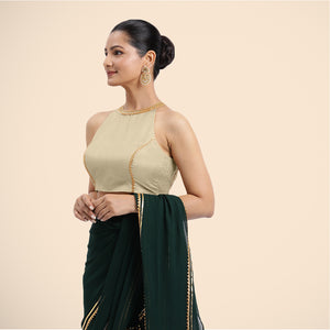  Zubeida x Tyohaar | Cream Halterneck FlexiFit™ Saree Blouse with Elegant Gota Embellishment on Princess Line_7