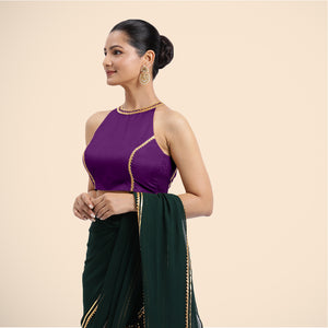  Zubeida x Tyohaar | Purple Halterneck FlexiFit™ Saree Blouse with Elegant Gota Embellishment on Princess Line_6