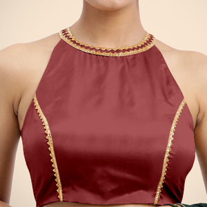 Zubeida x Tyohaar | Auburn Red Halterneck FlexiFit™ Saree Blouse with Elegant Gota Embellishment on Princess Line - Binks  