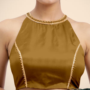  Zubeida x Tyohaar | Bronze Gold Halterneck FlexiFit™ Saree Blouse with Elegant Gota Embellishment on Princess Line_4