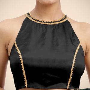 Zubeida x Tyohaar | Charcoal Black Halterneck FlexiFit™ Saree Blouse with Elegant Gota Embellishment on Princess Line - Binks  