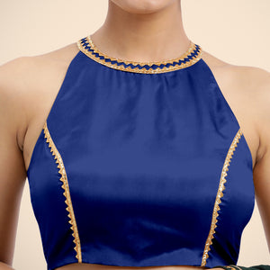 Zubeida x Tyohaar | Cobalt Blue Halterneck FlexiFit™ Saree Blouse with Elegant Gota Embellishment on Princess Line - Binks  