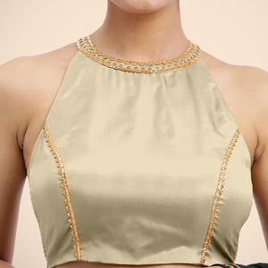  Zubeida x Tyohaar | Cream Halterneck FlexiFit™ Saree Blouse with Elegant Gota Embellishment on Princess Line_5