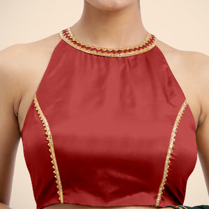  Zubeida x Tyohaar | Crimson Red Halterneck FlexiFit™ Saree Blouse with Elegant Gota Embellishment on Princess Line_7