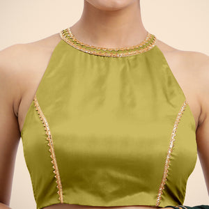  Zubeida x Tyohaar | Lemon Yellow Halterneck FlexiFit™ Saree Blouse with Elegant Gota Embellishment on Princess Line_5