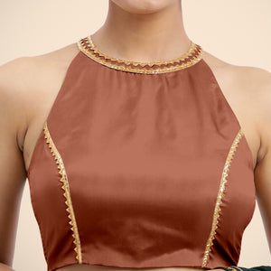  Zubeida x Tyohaar | Metallic Copper Halterneck FlexiFit™ Saree Blouse with Elegant Gota Embellishment on Princess Line_7