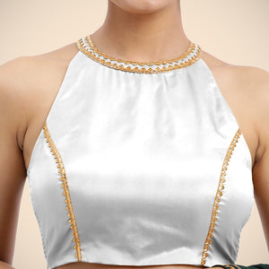  Zubeida x Tyohaar | Pearl White Halterneck FlexiFit™ Saree Blouse with Elegant Gota Embellishment on Princess Line_2