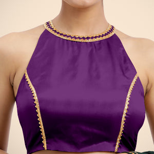  Zubeida x Tyohaar | Purple Halterneck FlexiFit™ Saree Blouse with Elegant Gota Embellishment on Princess Line_5