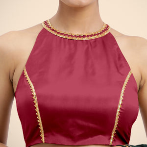  Zubeida x Tyohaar | Rani Pink Halterneck FlexiFit™ Saree Blouse with Elegant Gota Embellishment on Princess Line_7