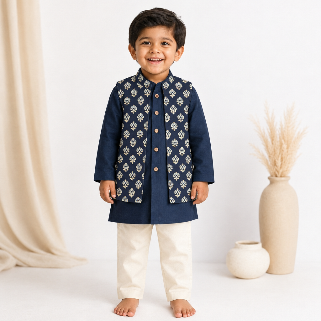 Nilay x Tyohaar | Kurta Pant & Jacket Set in Blue Flower Cotton & Linen
