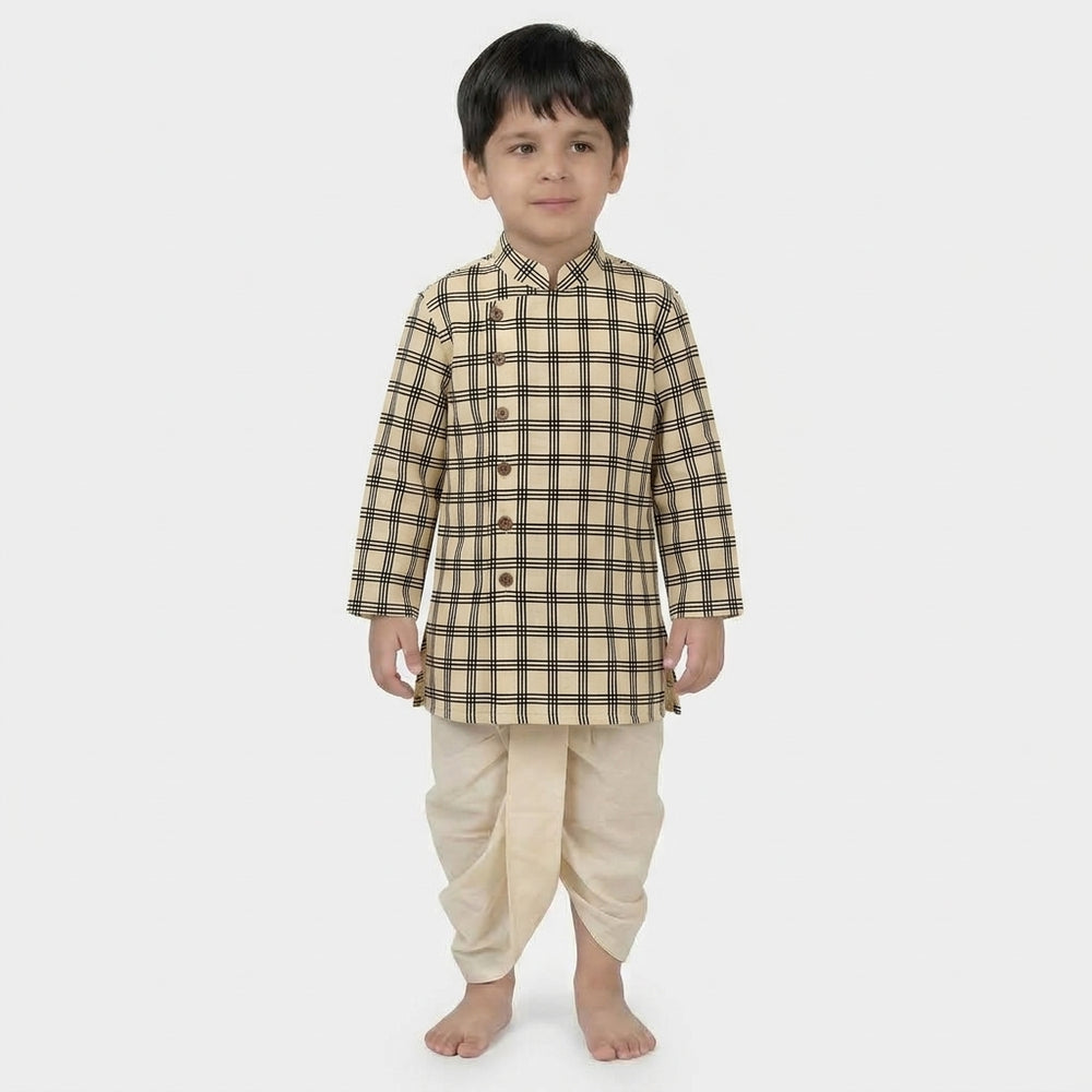 Anay x Tyohaar | Kurta & Dhoti Pant Set in Cream Windowpane Check Block Print Cotton & Linen