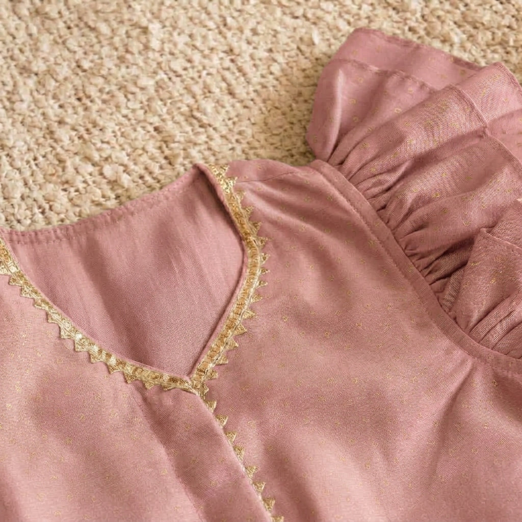 Timtim x Tyohaar | Dusty Rose & Deep Olive Chandheri-Brocade Ruffle Sleeve Lehenga Set