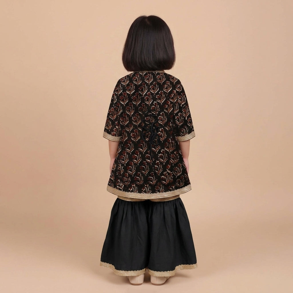 Lilya x Tyohaar | Angrakha-Sharara Set in Midnight Lily Block Print Cotton