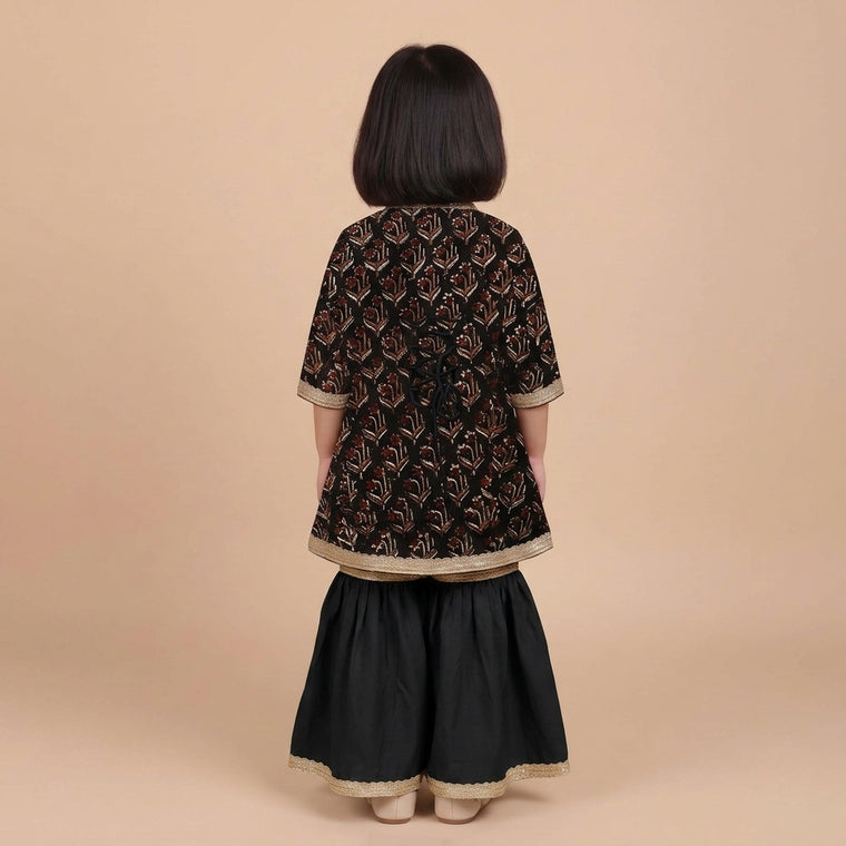 Lilya x Tyohaar | Angrakha-Sharara Set in Midnight Lily Block Print Cotton