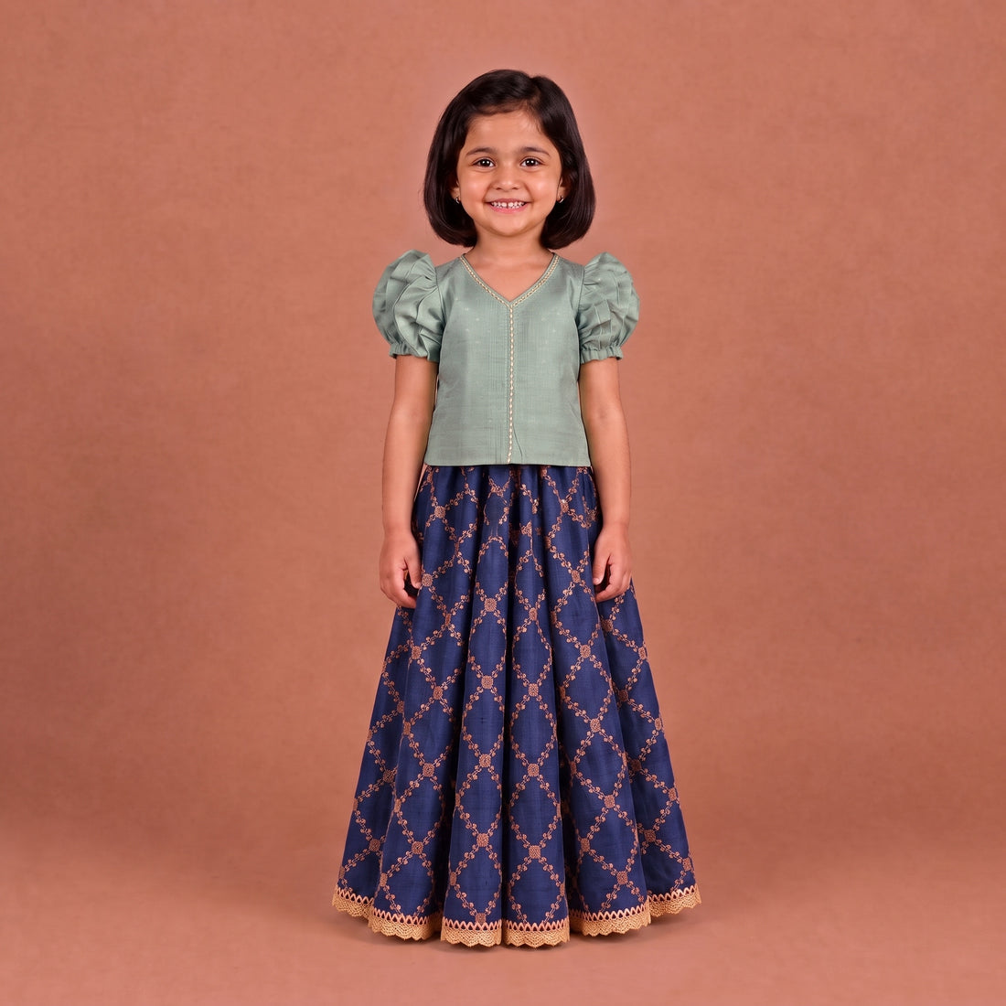 Timtim x Tyohaar | Blue Green & Royal Navy Chandheri-Brocade Ruffle Sleeve Lehenga Set
