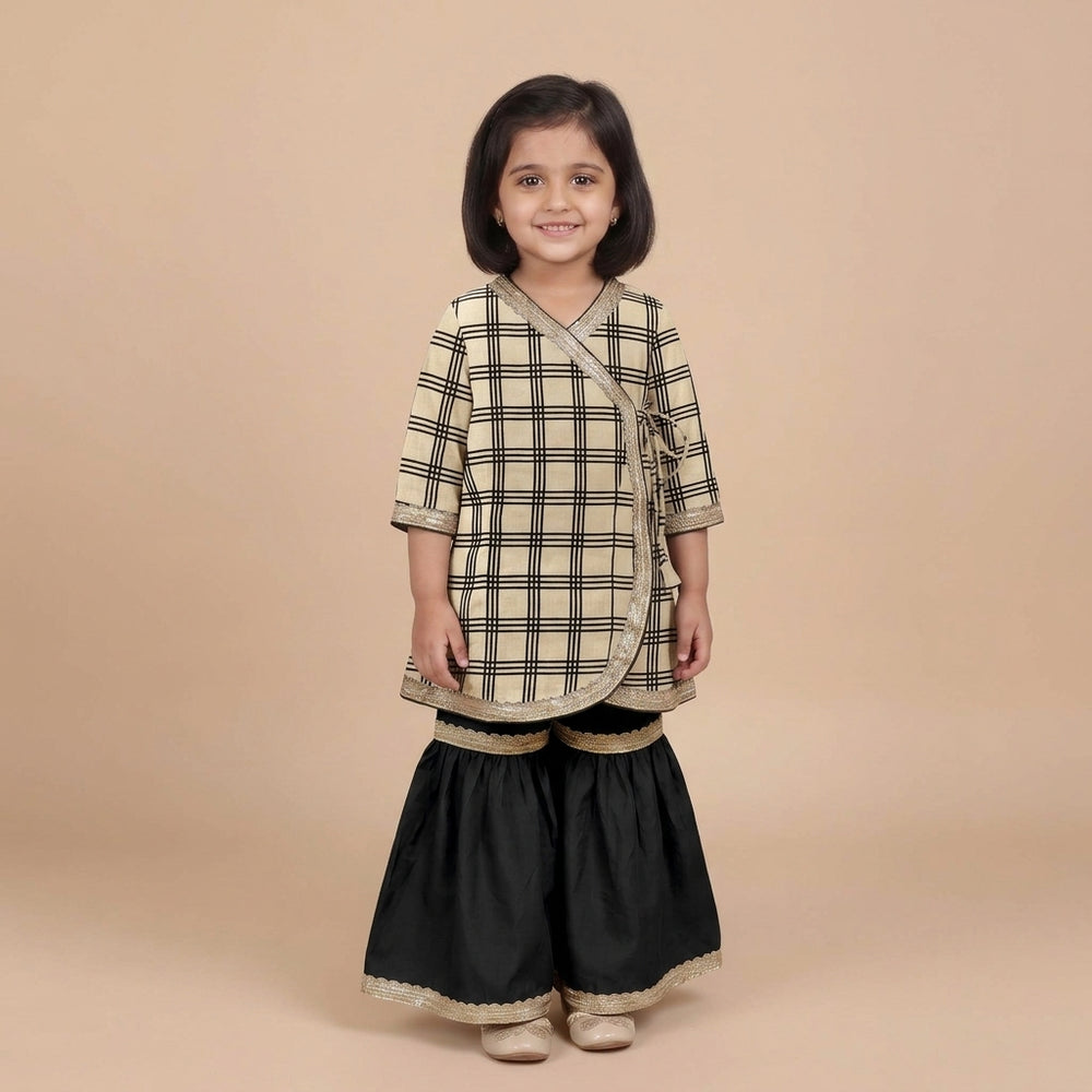 Misha x Tyohaar | Angrakha-Sharara Set in Cream Windowpane Check Block Print Cotton