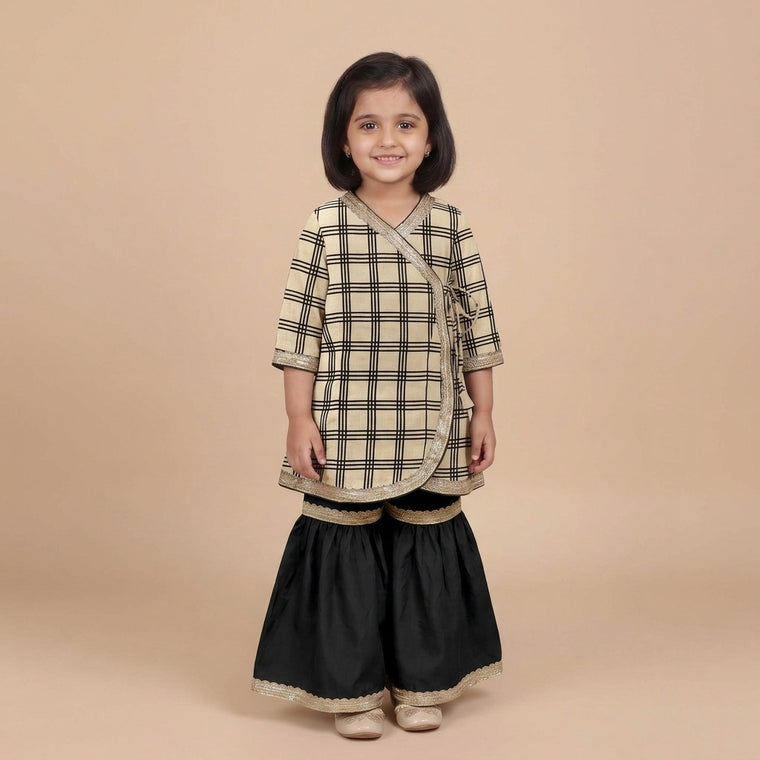 Misha x Tyohaar | Angrakha-Sharara Set in Cream Windowpane Check Block Print Cotton
