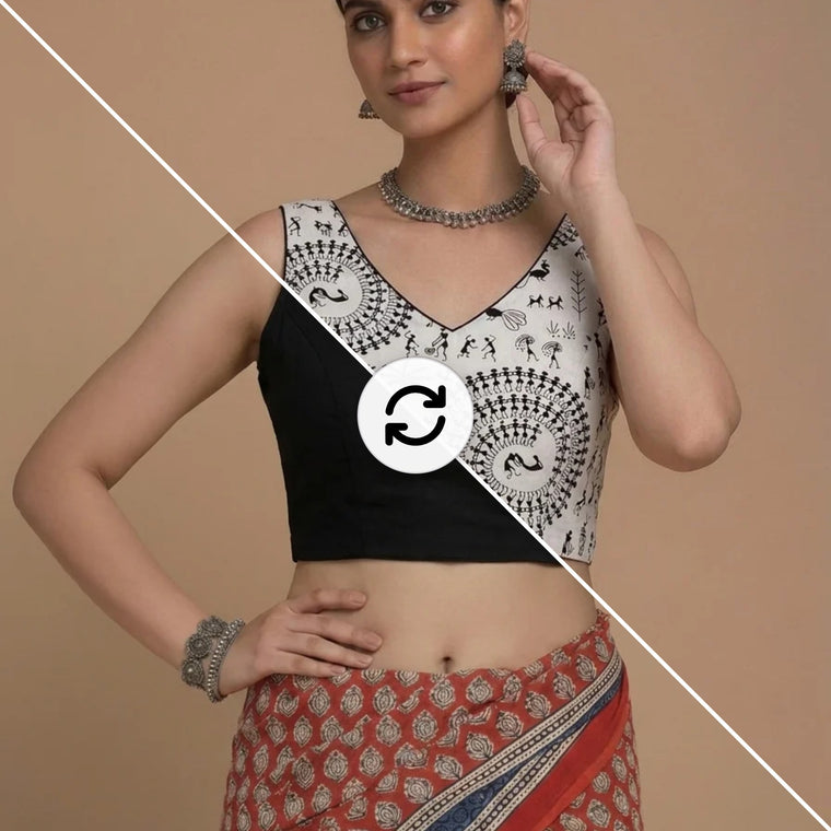 Ardha | Duet Reversible Blockprinted Warli Print & Black Blockprinted Cotton CinchFit™ Saree Blouse — split view