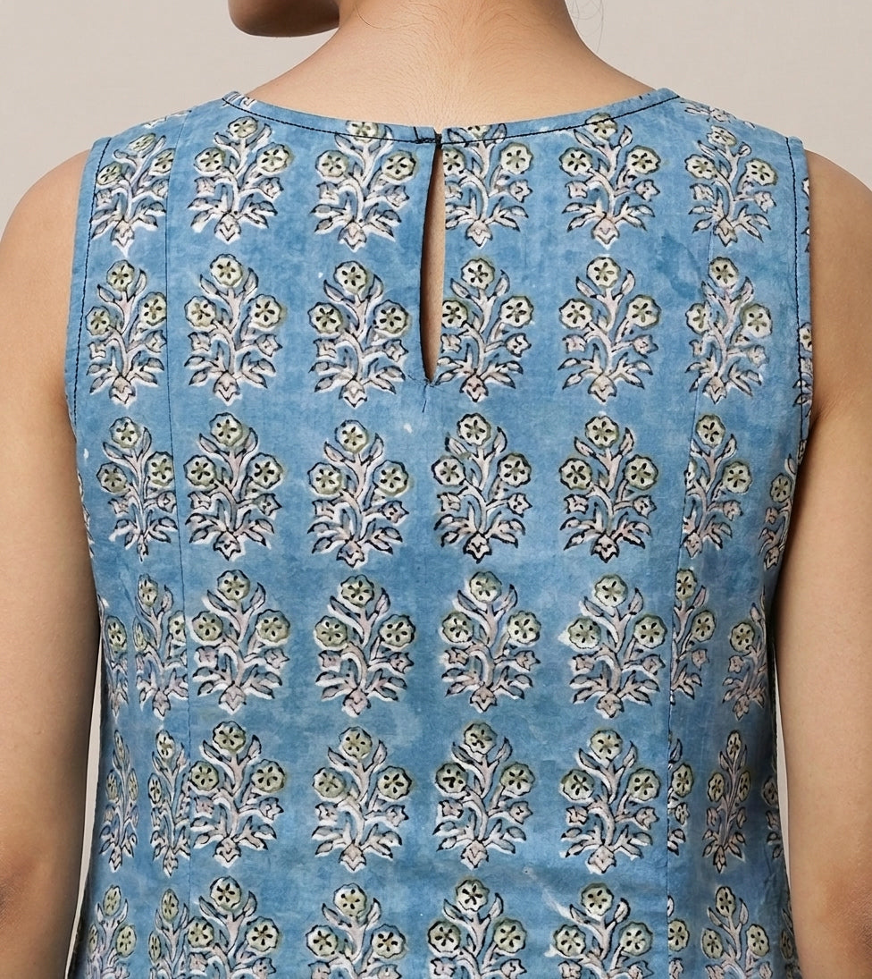 Prerna Sleeveless Blue Garden Handblock Print Cotton BreezeFit™ Kurta