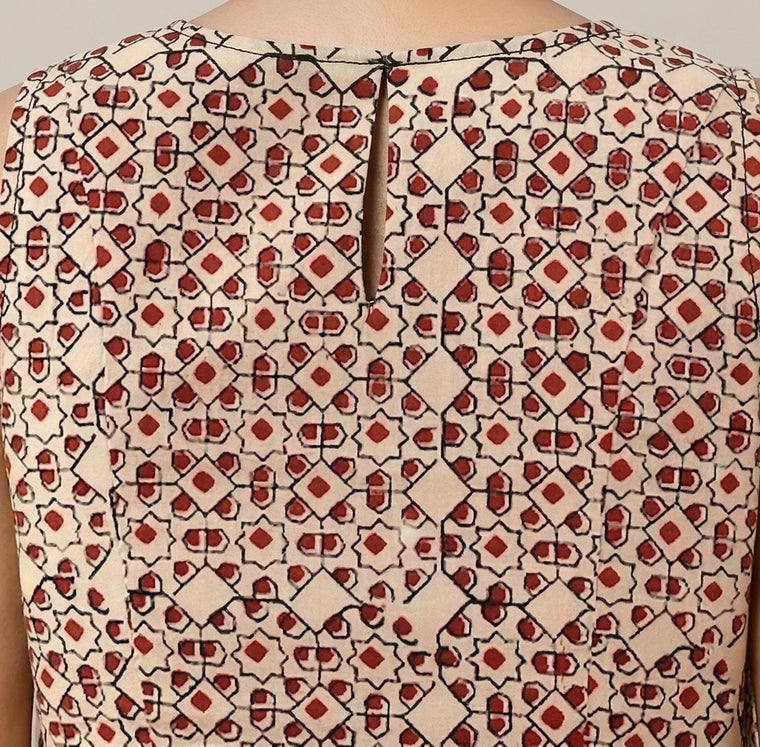 Prerna Sleeveless Cream & Red Geometric Handblock Print Cotton BreezeFit™ Kurta